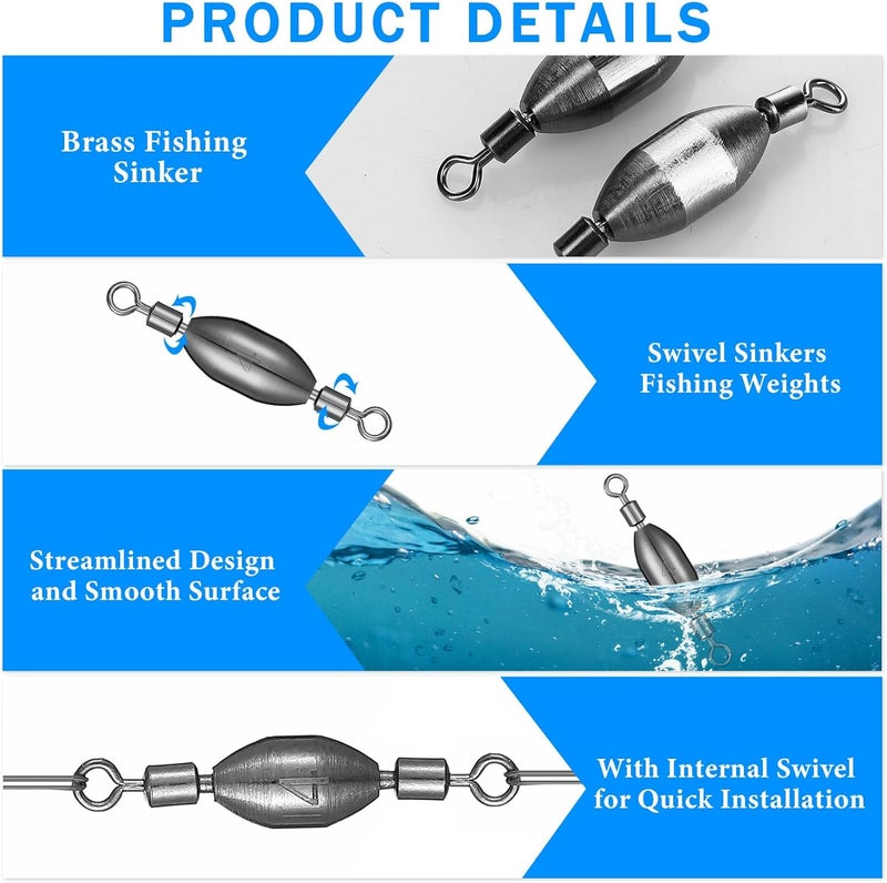 Seenelling 20 Pcs Brass Fishing Sinker Swivel Fishing Weights Saltwater Bullet Sinkers Drop Shot Weight Egg Sinkers with Swivel Rolling Removable Freshwater - Image 5